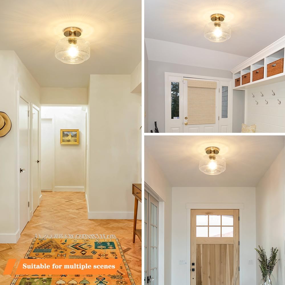 Vintage Semi Flush Mount Ceiling Light Fixture - Brass & Thickened Glass for Hallway, Entryway, Bedroom, Bathroom