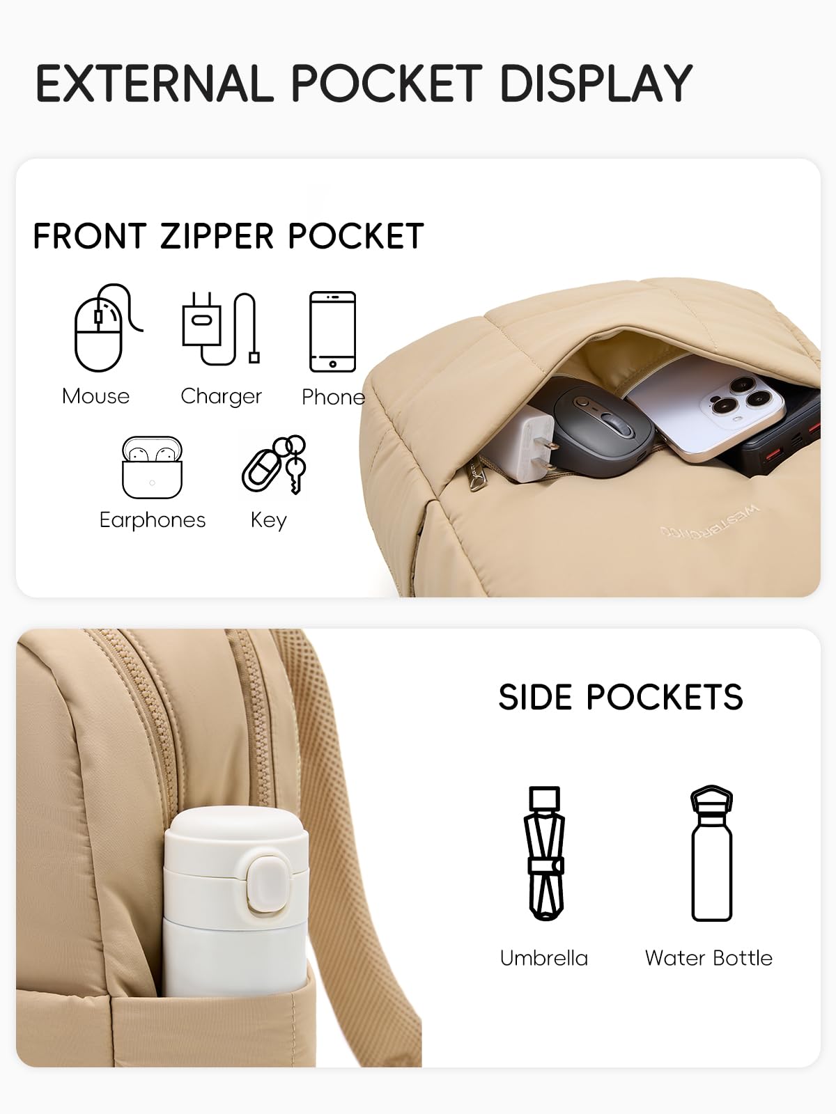 WESTBRONCO Puffer Laptop Backpack for Women Travel Backpack for Women Airplane Approved Backpack with 16'' Laptop Compartment