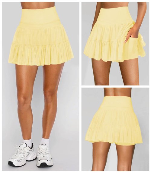 Hragc Women's Mini Yellow Skirt Skort Flowy Pleated High Waisted Ruffle Medium Tennis Skirts for Women Athletic Skater Golf with Shorts Pockets