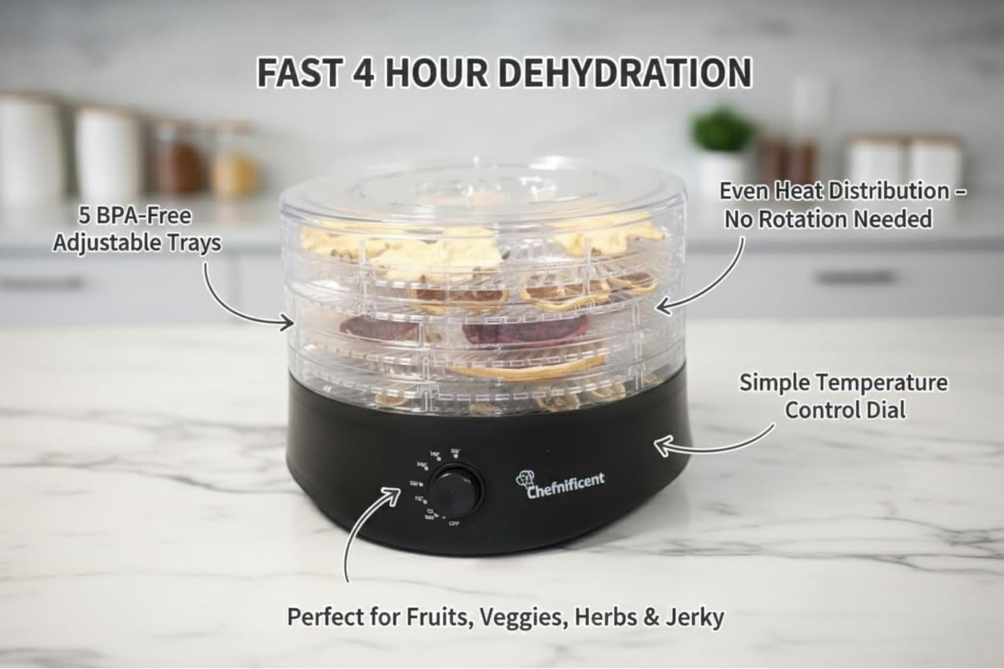 Food Dehydrator DryMax 280 – 5 Tray Adjustable, BPA-Free – 4-Hour Quick Drying, Even Heat, Easy Temp Control – Fruit, Veggie, Meat Jerky Maker (Black)