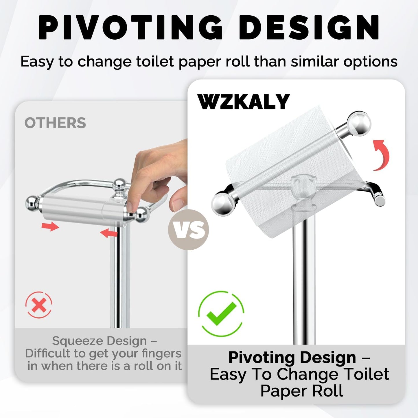 Brushed Nickel Free Standing Toilet Paper Holder with Pivoting Design & Weighted Base