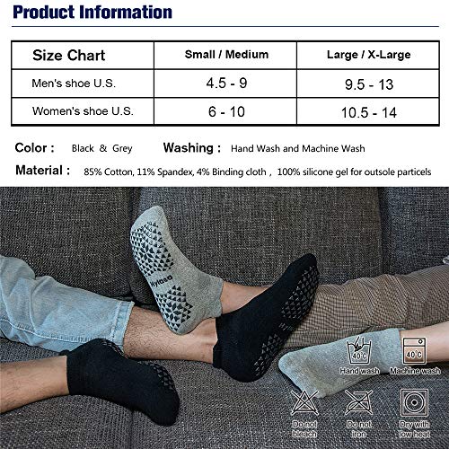 Large-X-Large Unisex Non-Slip Yoga Socks with Grip - 2 Pairs Black & Grey