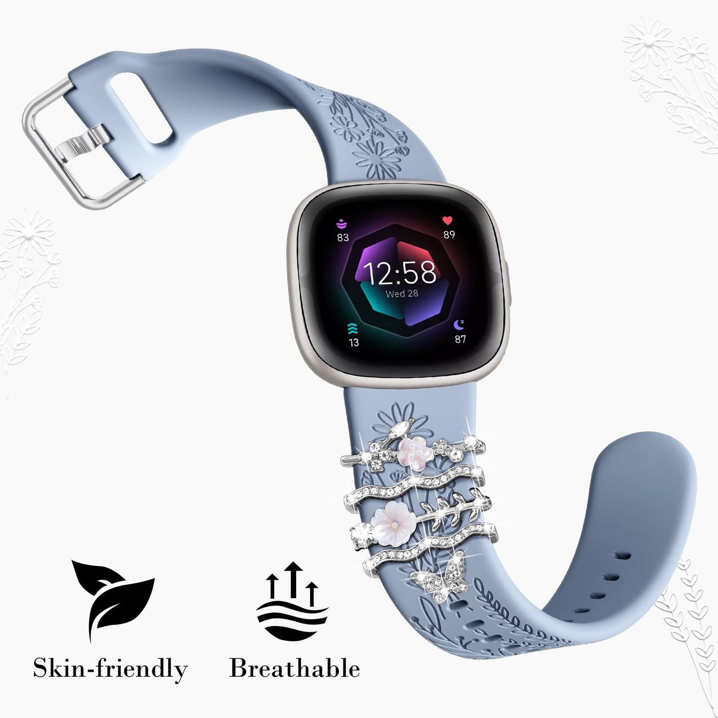 Floral Engraved Bands Compatible with Fitbit Versa 4/Versa 3/Sense 2/Sense Band with Charms, Soft Silicone Sport Fancy Replacement Wristbands Strap with Cute Decorative Rings Accessories for Women