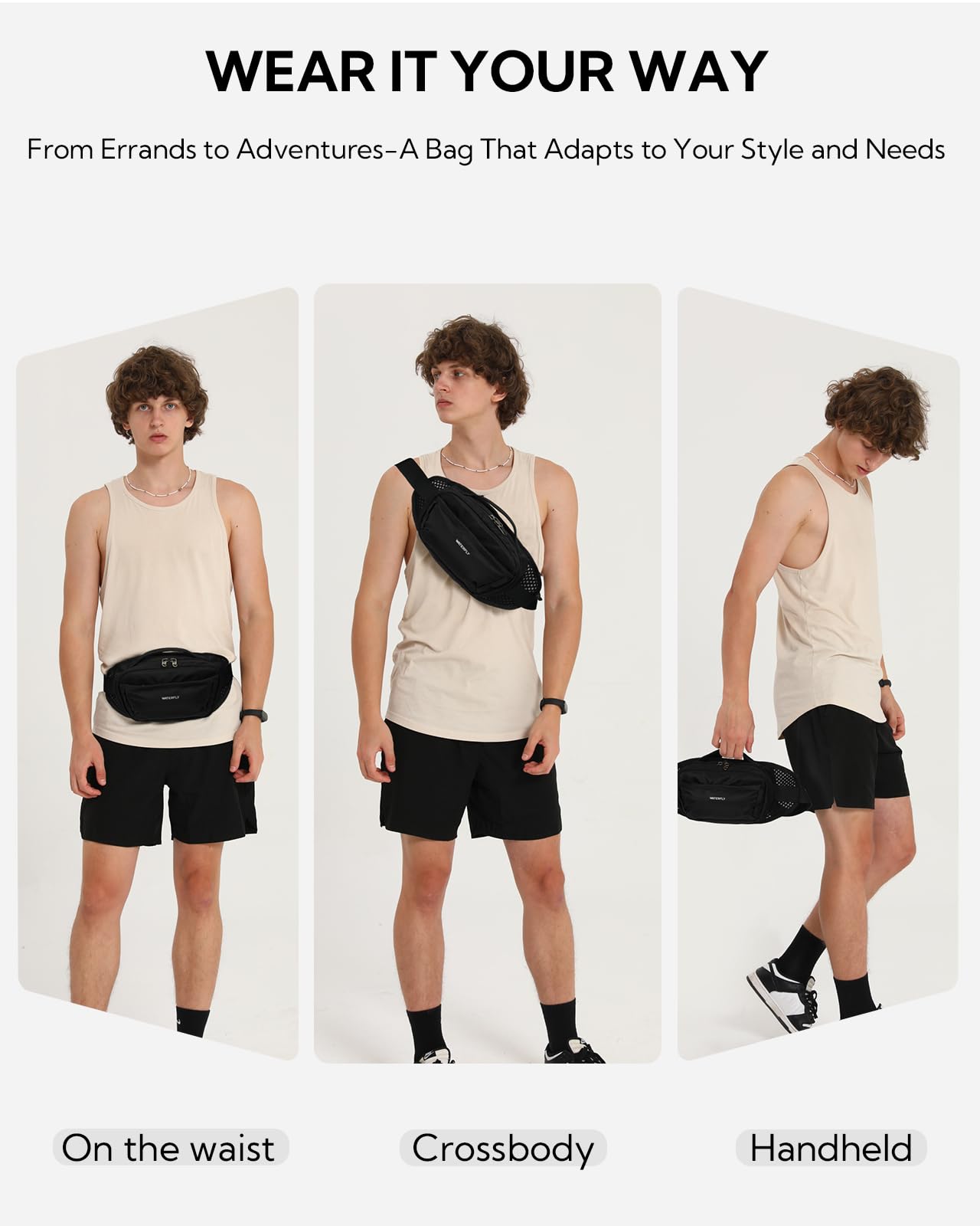 WATERFLY Fanny Pack Waist Bag: 2.3L RFID Blocking Anti-Theft Crossbody Bags with Bellows-Style Opening, Breathable Casual Hip Pack for Women Men Traveling Walking Hiking-Black