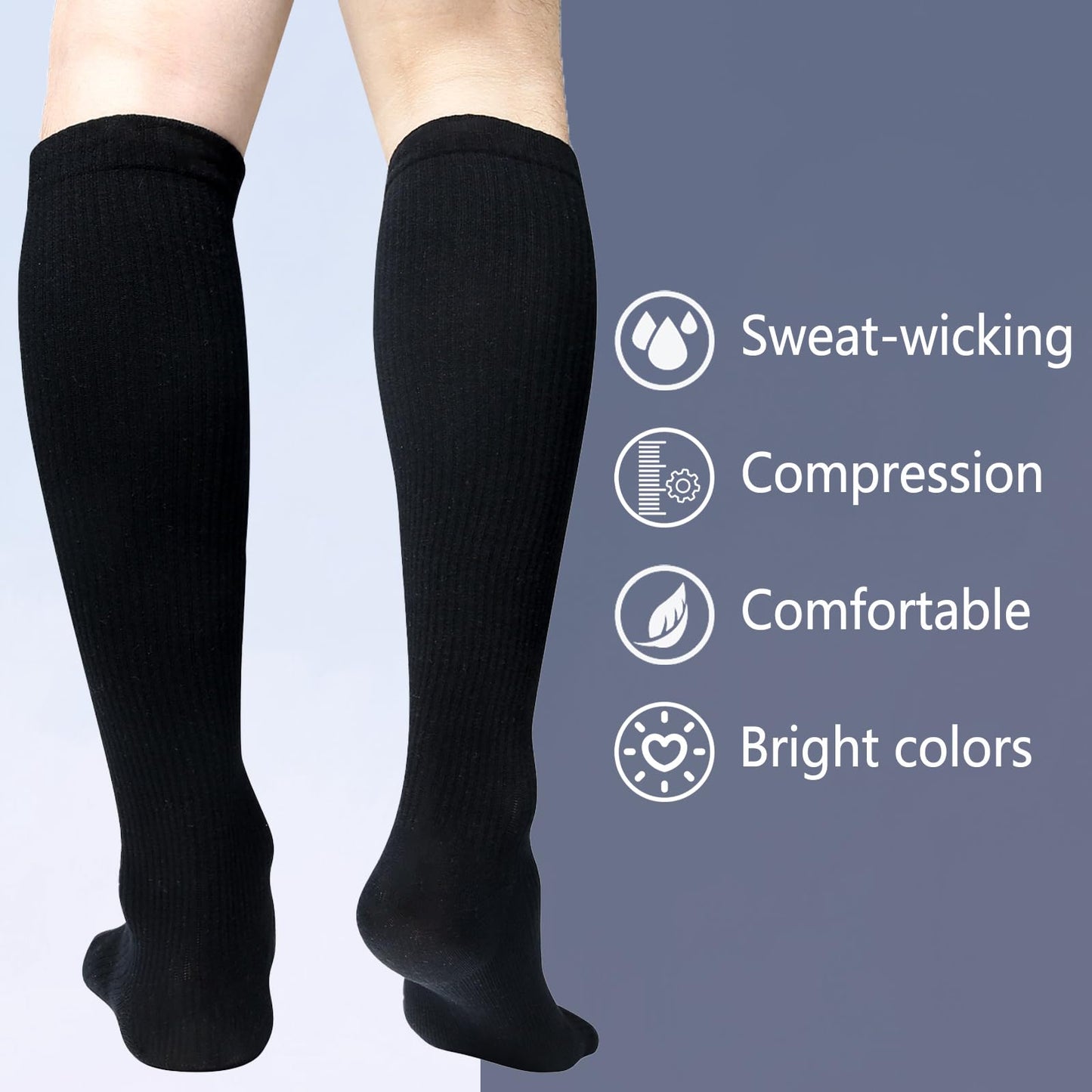+MD Cotton Compression Socks for Women & Men 6 Pairs 15-20mmHg Knee High for Sports, Travel, Nursing, Long Sitting Standing 6Black 10-13