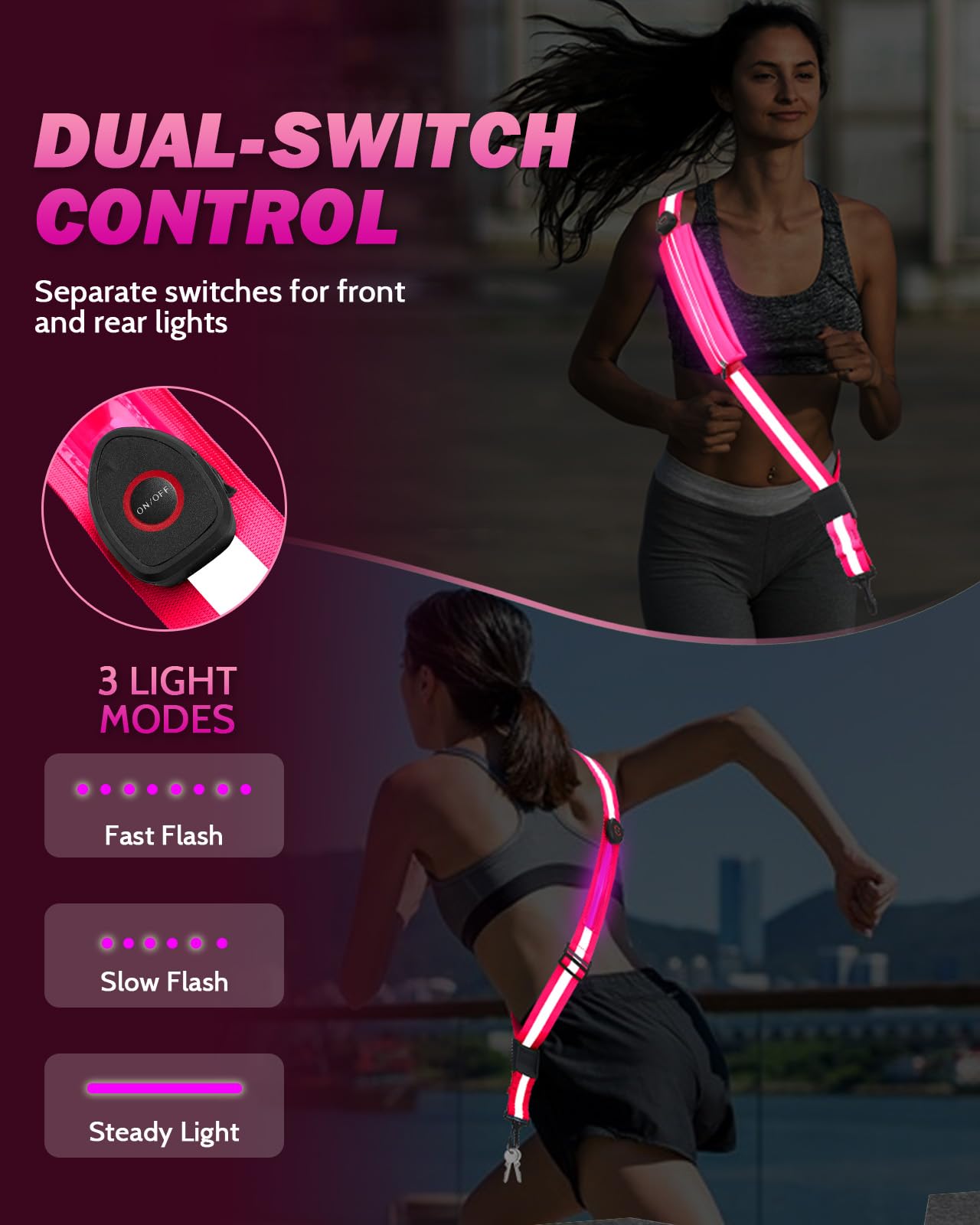 Fitense LED Reflective Belt Sash with Phone Holder, High Visibility Reflective Running Gear Rechargeable Light Up Safety Lights for Walkers for Runners Men Women