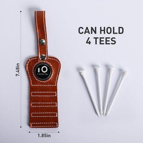 FINGER TEN Golf Tee Holder with Ball Marker and 4 Pcs Wood Tees Value Pack, Luxury Leather Gift Hook to Golf Bag Belt Clip (2 in Brown)
