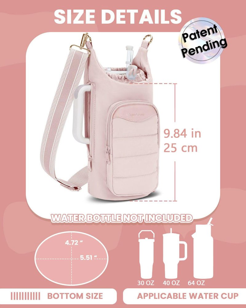 sportsnew Water Bottle Holder for 30oz/40oz Tumbler with Handle, Puffy Water Bottle Carrier Bag with Phone & RFID-Blocking Card Pocket & Drawstring Closure for Quick Access, Light Pink
