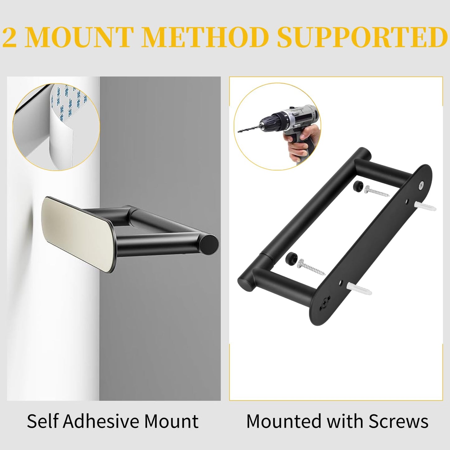 BESy Adhesive or Screw Toilet Paper Holder Wall Mount Rustproof Modern Roll Holder Flexible Pivoting Adjustable Tissue Handle with Self Adhesive or Mounted with Screws Stainless Steel Matte Black