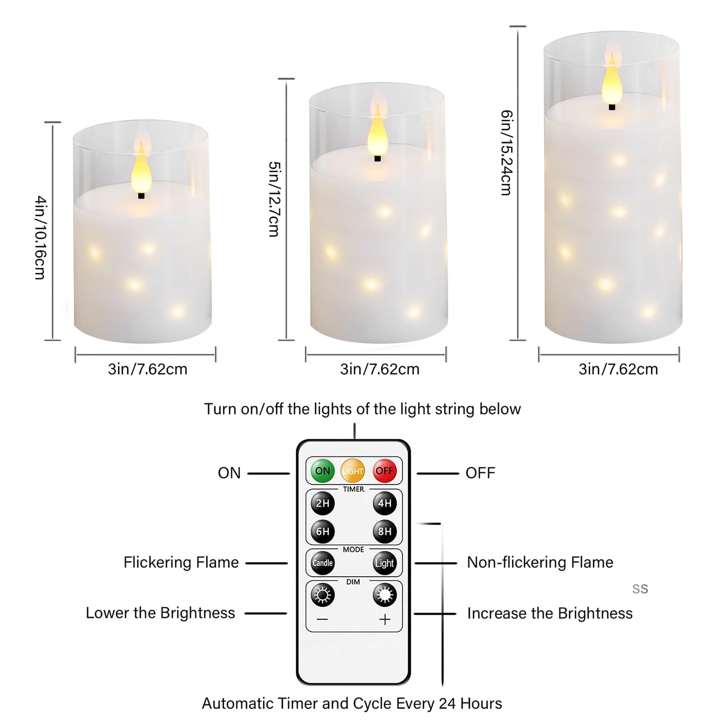 Nimiko Real Wax Flameless Candles Glass,Battery Operated LED Candles with Flickering Flame,Glass Shell,Interior Star Light Decoration Set of 3 White (D3×H 4" 5" 6") for Home Decor,Holiday Decoration