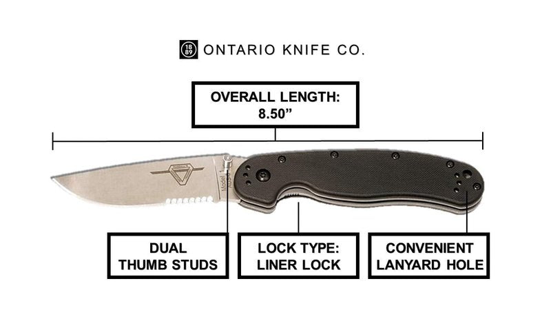 Ontario Knife Company Company 8849 Rat-1 Satin AUS-8 Stainless Steel 3.50" Serrated Edge Blade Black Nylon Handle 4-Position Reversible Clip Folding Knife for Outdoor, Tactical, Survival & EDC (Black)