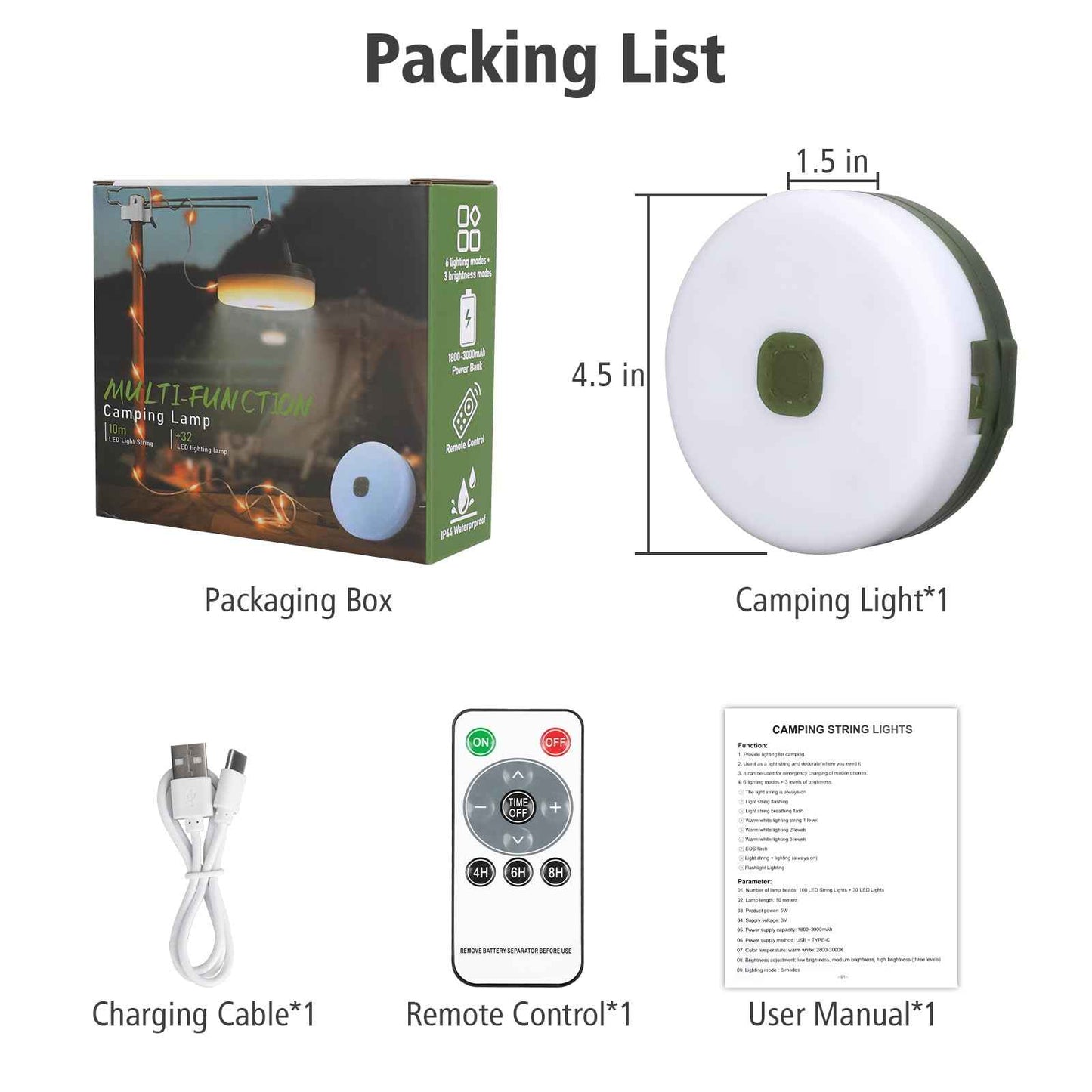 Camping String Lights 33ft, 4 in 1 Rechargeable 100 LED Outdoor Tent String Lights with 14 Lighting Modes Remote Control Waterproof with Timer Function for Camping Gear Essentials Hiking Yard Garden