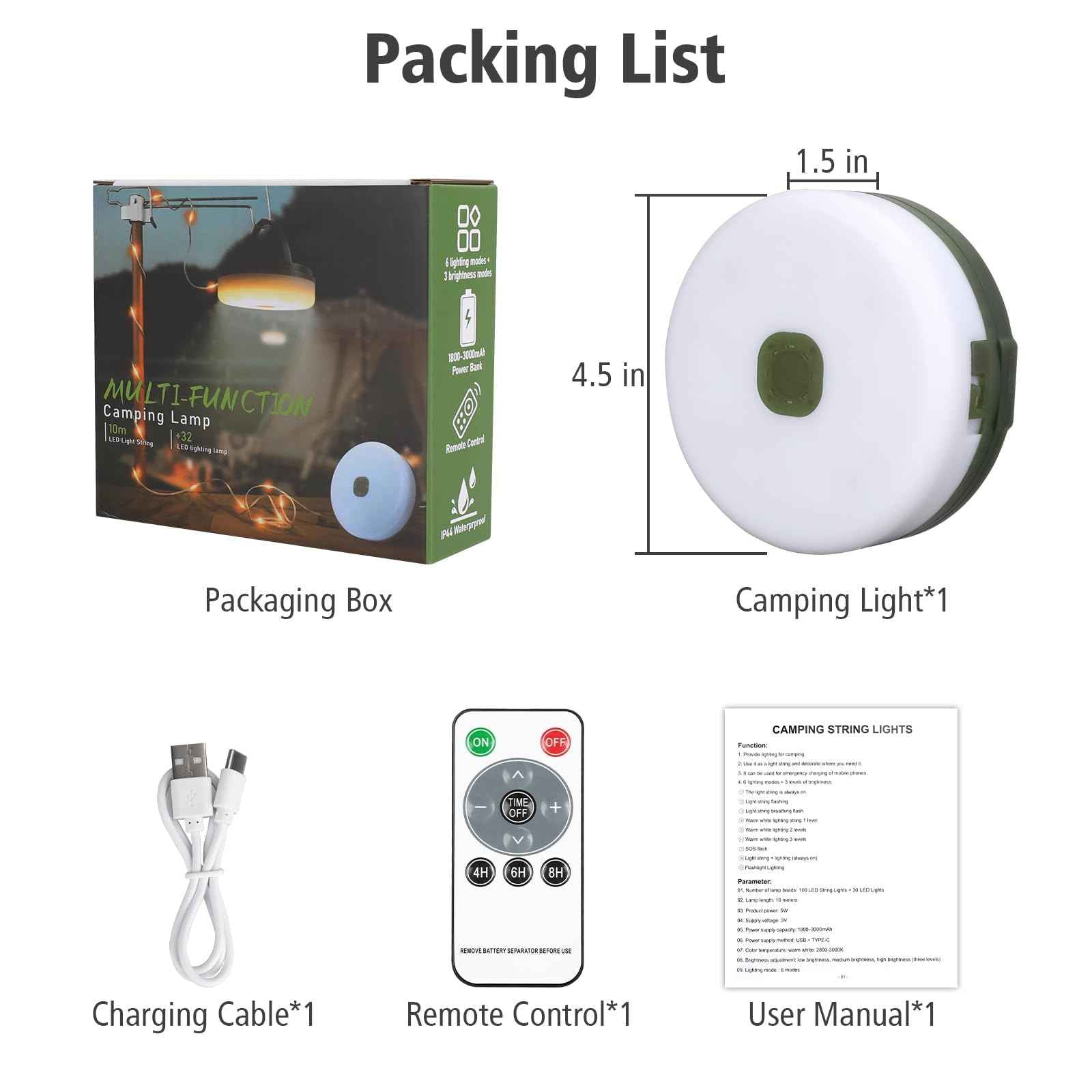 Camping String Lights 33ft, 4 in 1 Rechargeable 100 LED Outdoor Tent String Lights with 14 Lighting Modes Remote Control Waterproof with Timer Function for Camping Gear Essentials Hiking Yard Garden