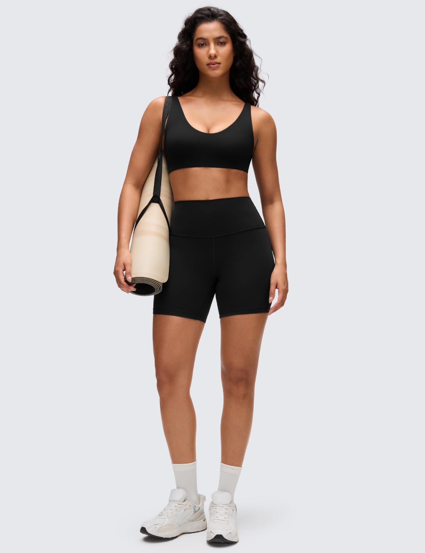 CRZ YOGA Butterluxe Soft Double Lined Scoop Neck Sports Bras for Women - Adjustable Straps Yoga Crop Top Non Padded Black Medium