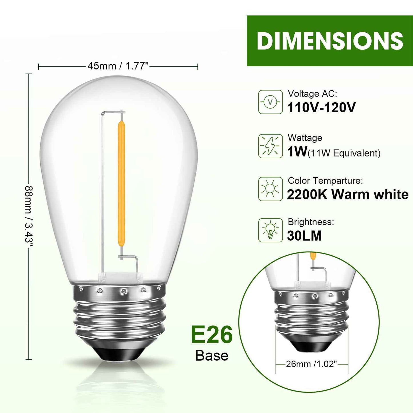 GvvooHome LED S14 Replacement Light Bulbs for Patio String Light, Shatterproof & Waterproof Hanging Light Bulbs for Outdoor String Lights, Dimmable, E26 Base, 24 Pack