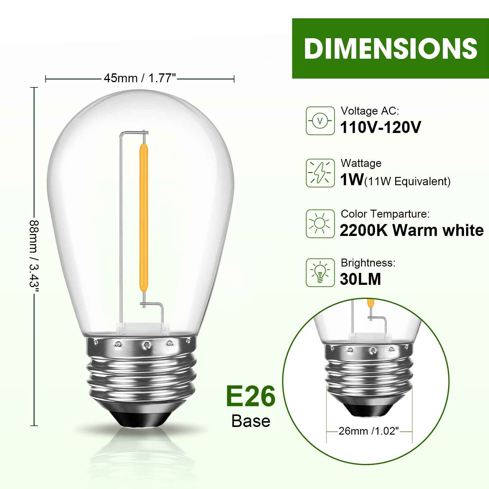 GvvooHome LED S14 Replacement Light Bulbs for Patio String Light, Shatterproof & Waterproof Hanging Light Bulbs for Outdoor String Lights, Dimmable, E26 Base, 24 Pack