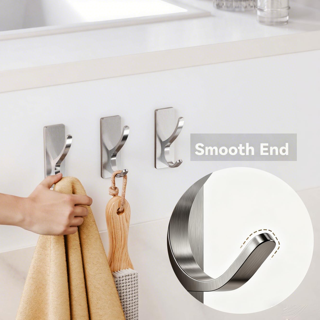 Self Adhesive Coat Hooks for Hanging: Heavy Duty Stainless Wall Hook for Towel, Backpack, Hat, Sturdy Metal Hanger for Bathroom, Bedroom, Door, Brushed Nickel 4 Pack