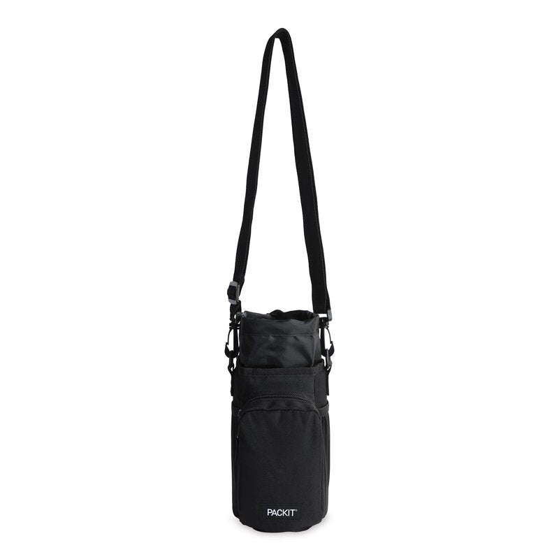 PackIt Freezable Hydration Crossbody Water Bottle Carrier with Strap, Fits 32,40 oz and 64 oz - Triple Function Design, Removable Freezable Insert, Adjustable Crossbody Strap, Front Zip Pocket - Black