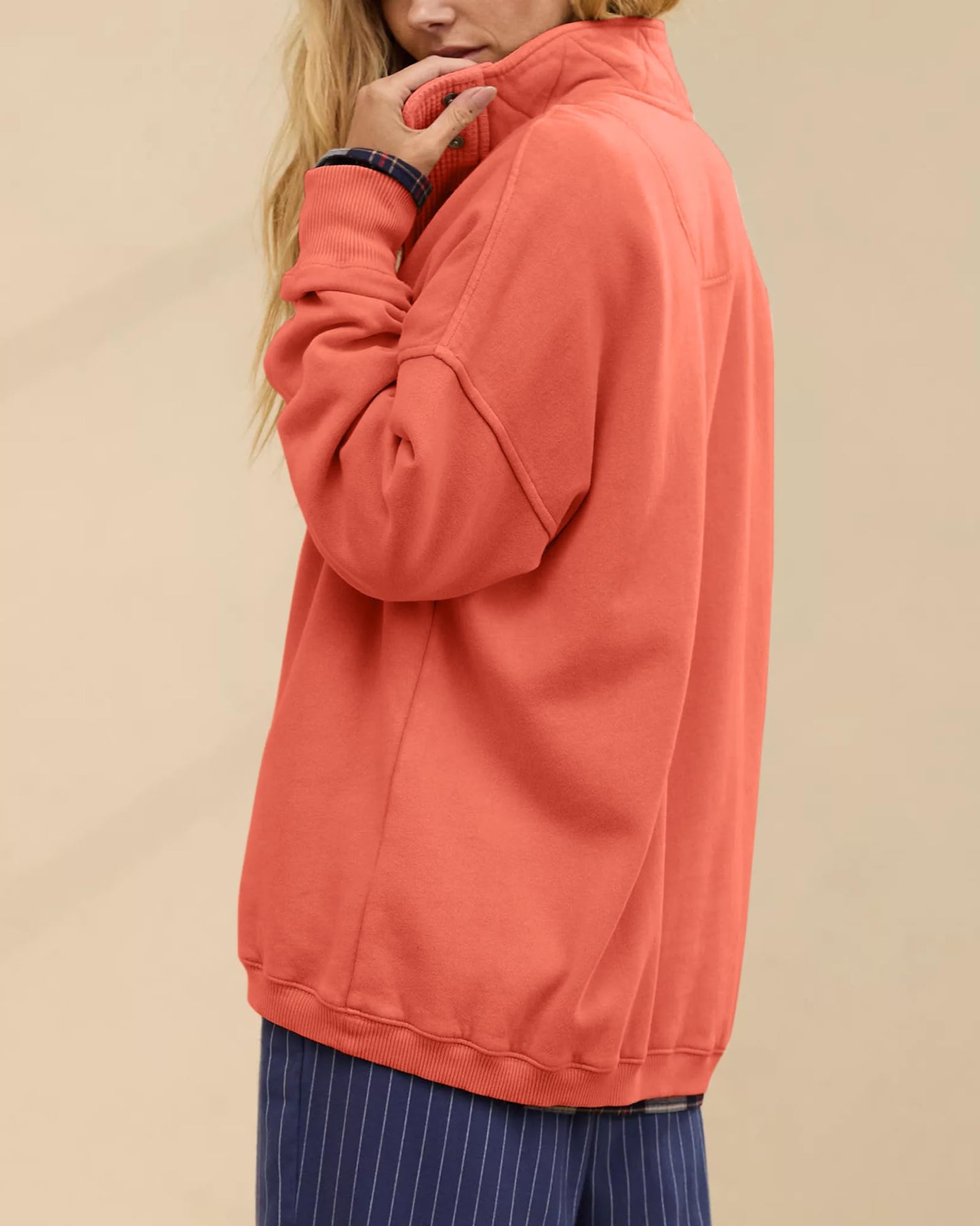 Gacaky Sweatshirt for Women Oversized Casual Long Sleeve Button Henley Neck Pullover Tops Fashion Outfits Clothes Orange XS
