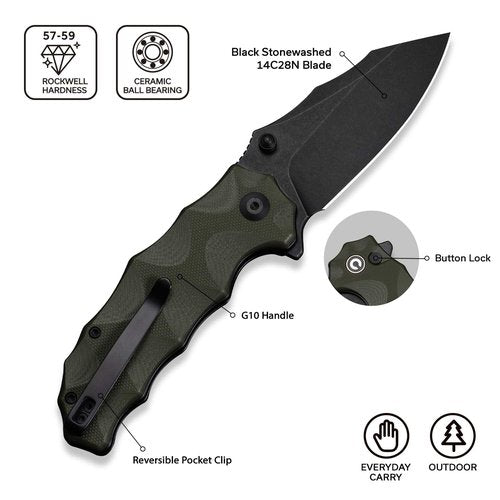CIVIVI Natterjack Pocket Folding Knife, 3.19" 14C28N Blade G10 Handle with Reversible Clip, Thumb Stud & Flipper Opener Knife for Camping Hiking EDC C24028-1 (OD Green)
