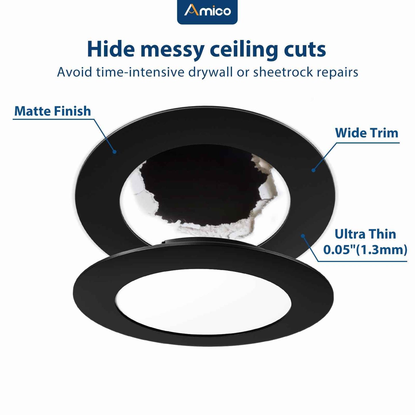 Amico 6 Pack Goof Rings for 6 Inch Recessed Lights, Can Light Trim Ring Cover, Outer Diameter 8.6-inch, Inner Diameter 6.2-inch, Durable Plastic Design, Black