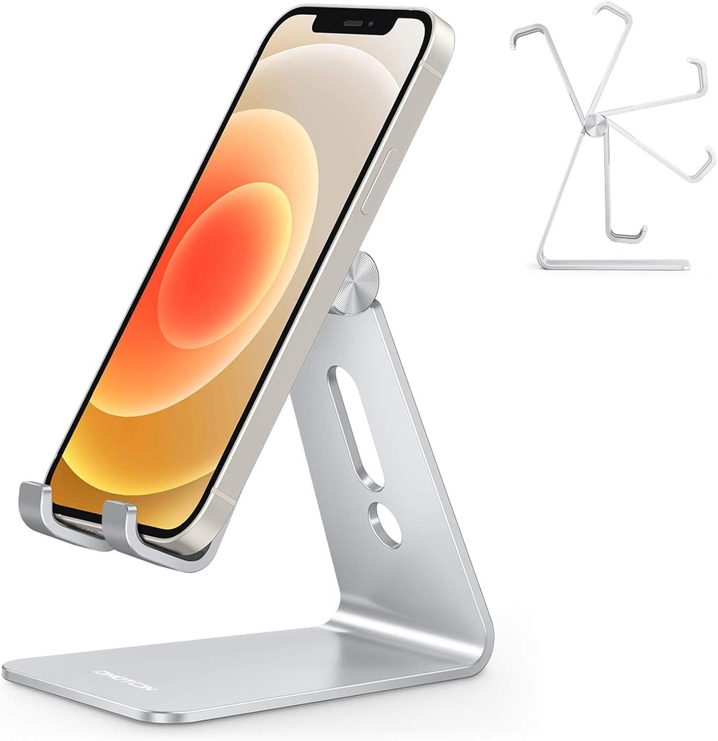 OMOTON Adjustable Cell Phone Stand - Aluminum Desktop Holder with Anti-Slip Base & Charging Port | Fits All Smartphones, Silver