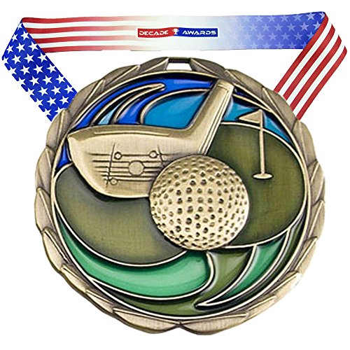 Golf Medal with Stars & Stripes Ribbon - Gold 2.5 Inch