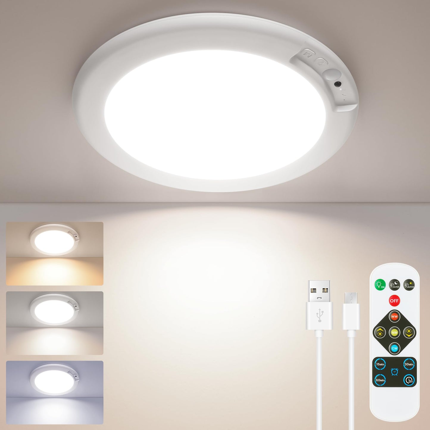 SunRider 4-Pack Rechargeable Motion Sensor LED Ceiling Light with Remote, Cordless Closet Lights Battery Operated, Dimmable 3CCT Magnetic Suction