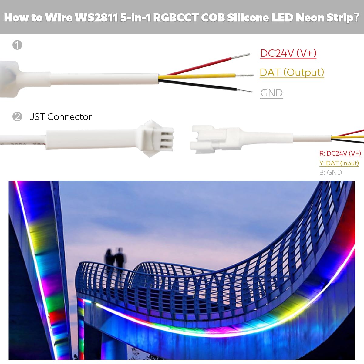 Addressable RGBCCT Flexible COB LED Strip Light, RGBWW 24V WS2811 Pixel 4200LEDs Cuttable Outdoor 16.4Ft 5m Long Color Changing LED Strip, Neon White Silicone Tube Lighting with Adhesive Back