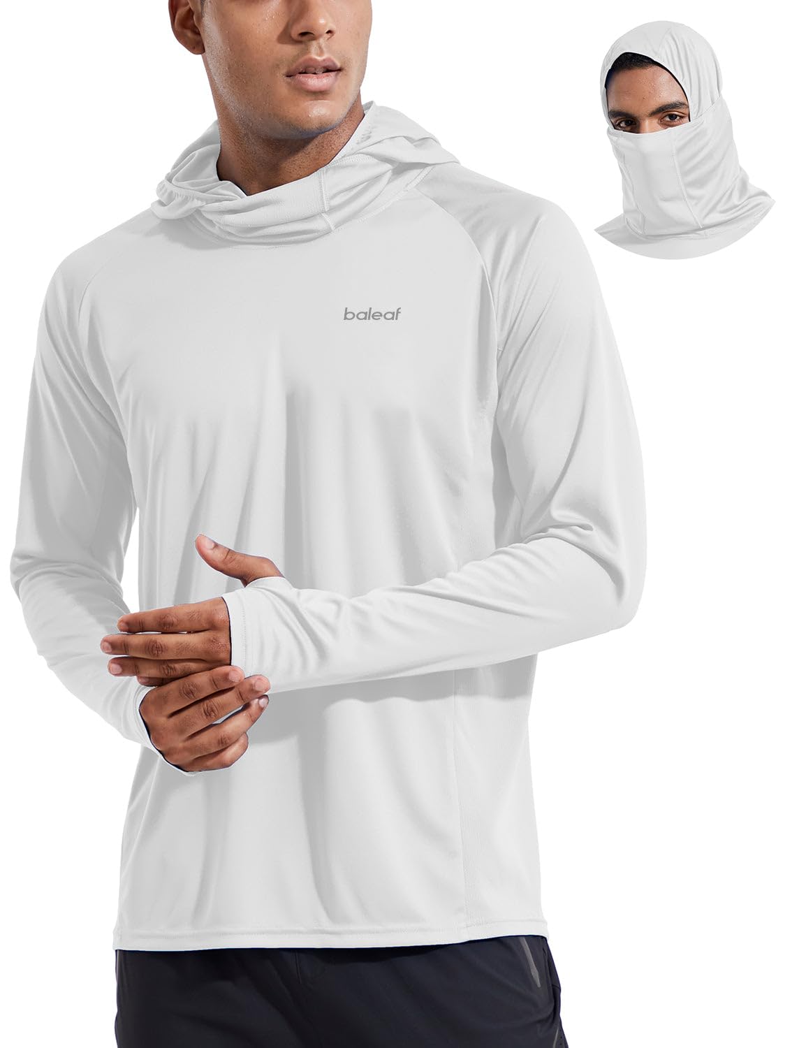 baleaf Men's Sun Protection Hoodie Shirt UPF 50+ Long Sleeve UV SPF T-Shirts with Mask Rash Guard Fishing Lightweight White Size L