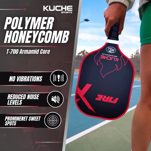 KUCHE FIRE T-700 Carbon Fiber Pickleball Paddle - Polymer Honeycomb Core -16MM Thick Sandblasted Surface for Spin & Control - USAPA Approved Pickleball Equipment for Men & Women