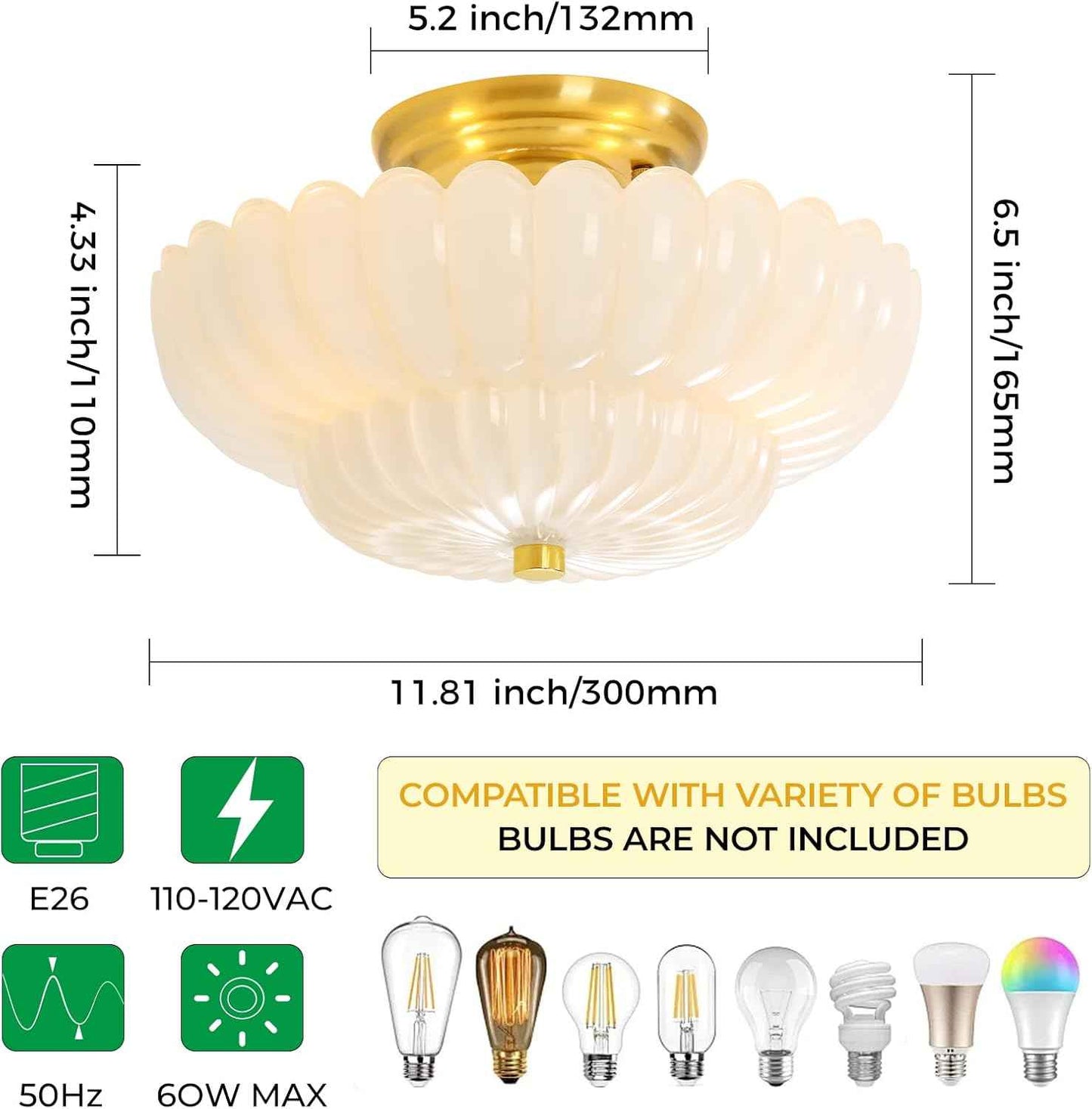 Modern Semi Flush Mount Ceiling Light Fixture with Brown Glass & Black Base - Ideal for Living Room, Kitchen, Bedroom, Hallway (Bulb Not Included)