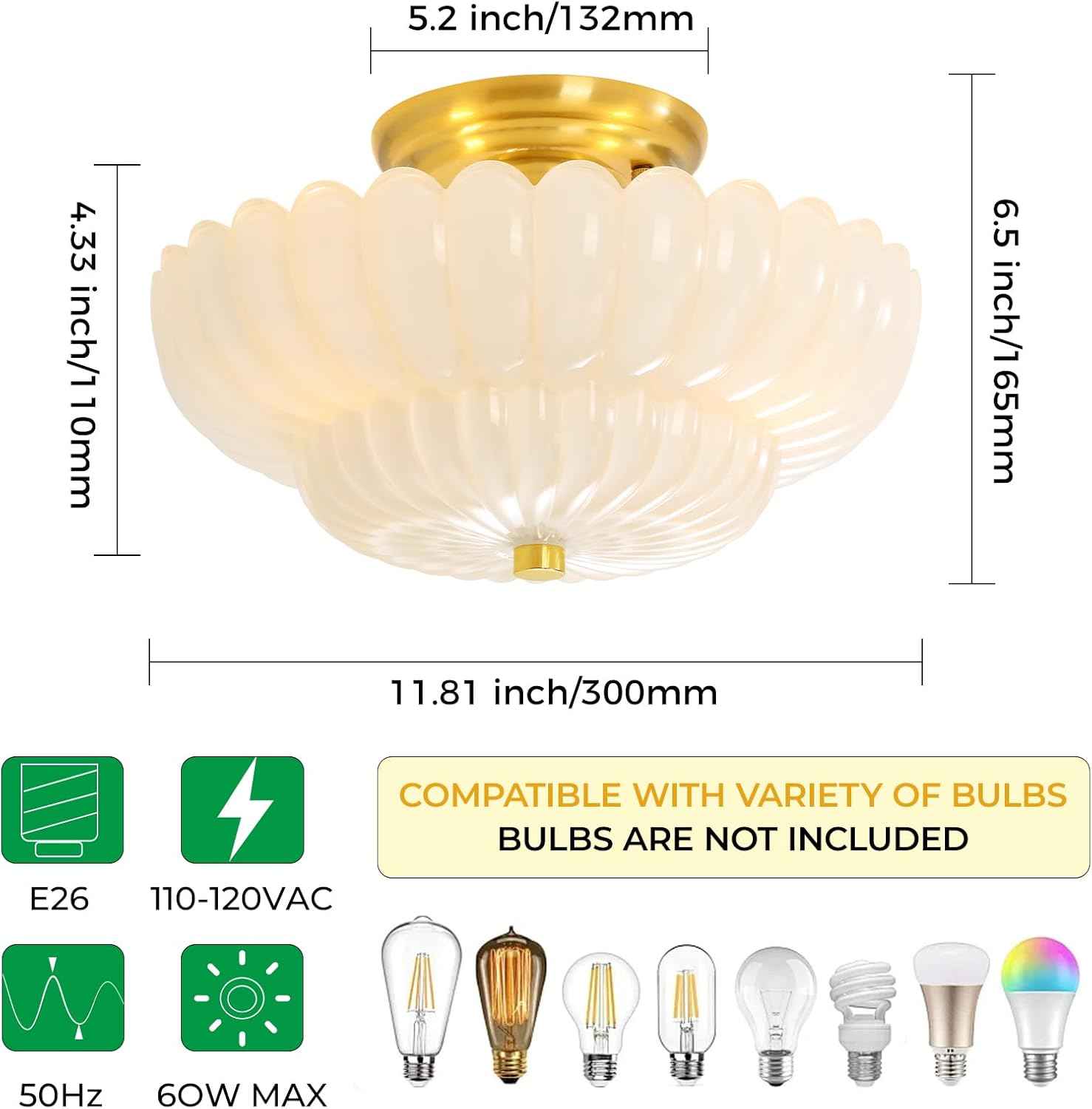 Modern Semi Flush Mount Ceiling Light Fixture with Brown Glass & Black Base - Ideal for Living Room, Kitchen, Bedroom, Hallway (Bulb Not Included)