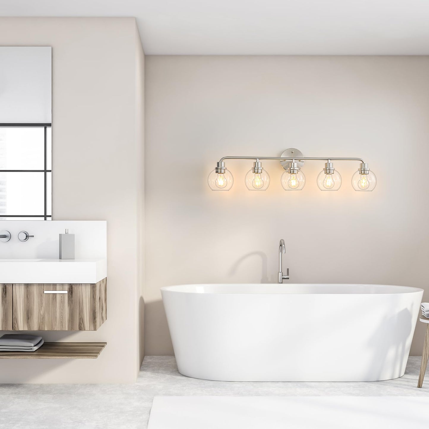 Bathroom Light Fixtures 5 Light Brushed Nickel Vanity Light Silver Modern Wall Sconces Lighting Bathroom Lights with Globe Glass Shade Bath Wall Lights for Mirror Kitchen Living Room Hallway 34.5"