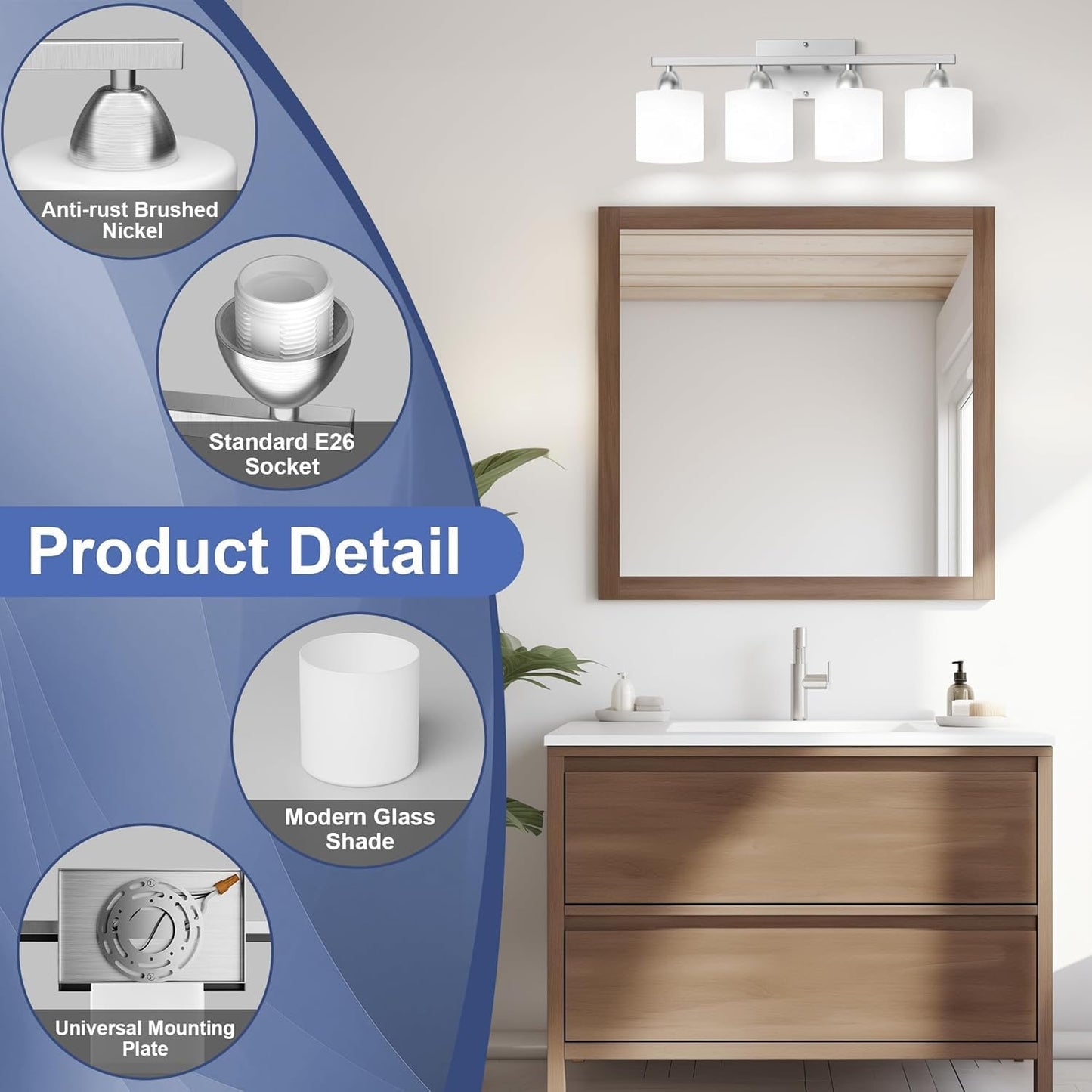 Modern 4-Light Bathroom Vanity Light Fixture - Anti-Rust Over Mirror Sconce with Milky White Glass Shades, E26 Base