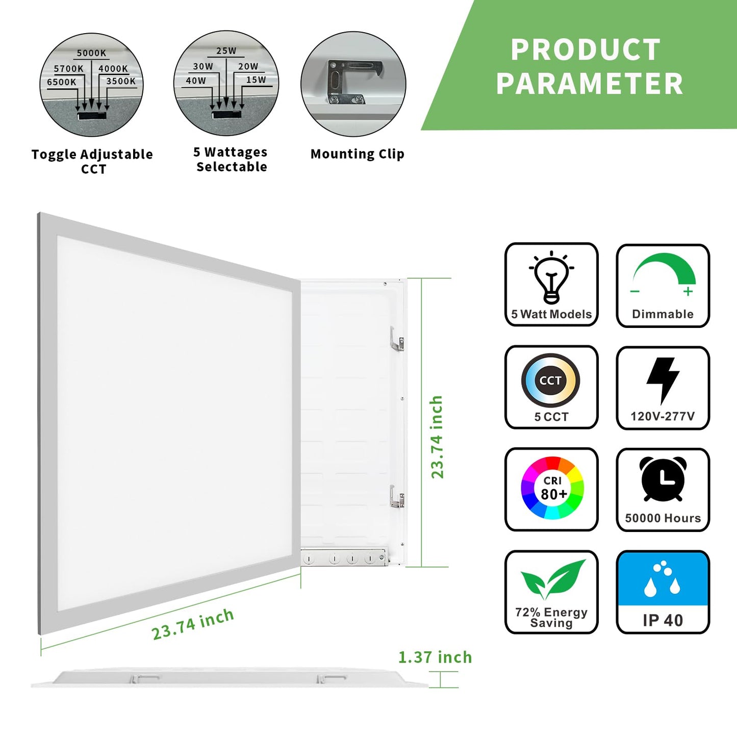 2 Pack 2x2 LED Flat Panel Light, 5 CCT 5 Power Modes Adjustable LED Ceiling Lights, 40W/5000LM Recessed Drop Ceiling Lights Fixtures, 0-10V Dimmable Troffer Light for Office/Home-ETL, FCC, CE