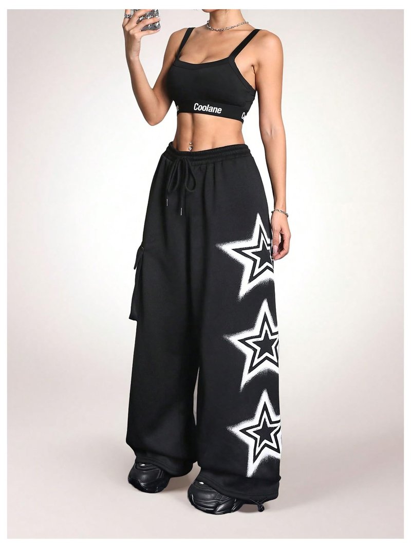 BEAUDRM Women's Y2k Baggy Sweatpants Star Print Drawstring Elastic Waist Baggy Pants Wide Leg Fleece Lined Cargo Sweatpants Black Large