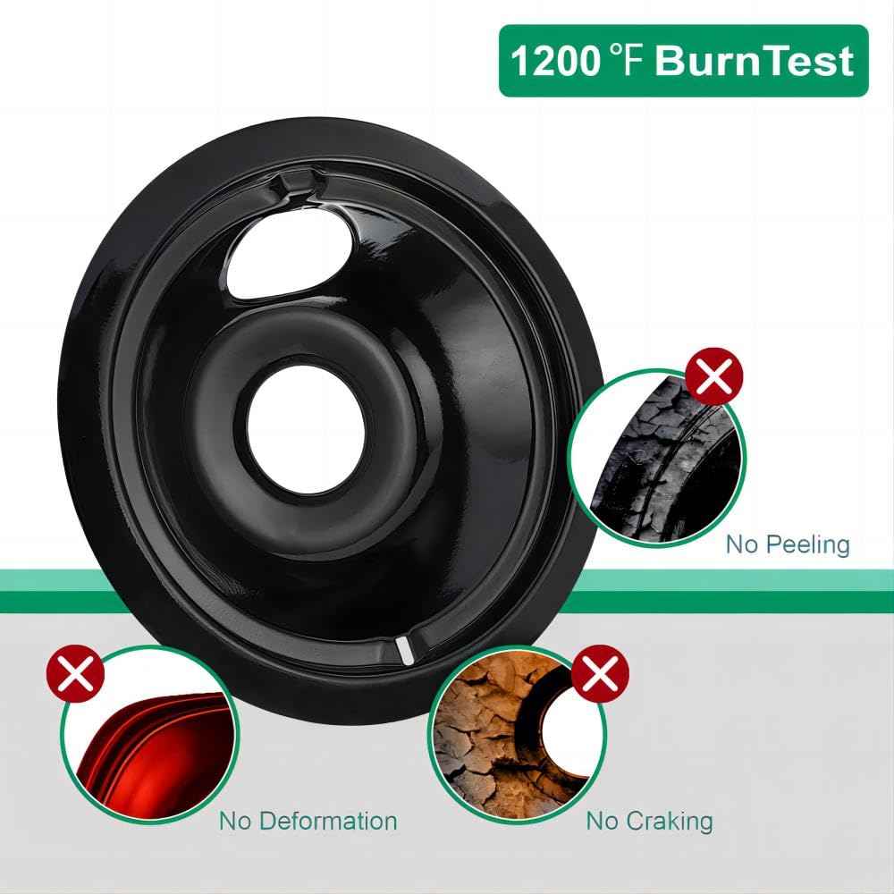 Purelux Electric Range Drip Pans Replacement Compatible with GE or Hotpoint Stove, Porcelain Enameled Black Finish 4 Pieces Pack Includes 1 Large 8-Inch and 3 Small 6-Inch