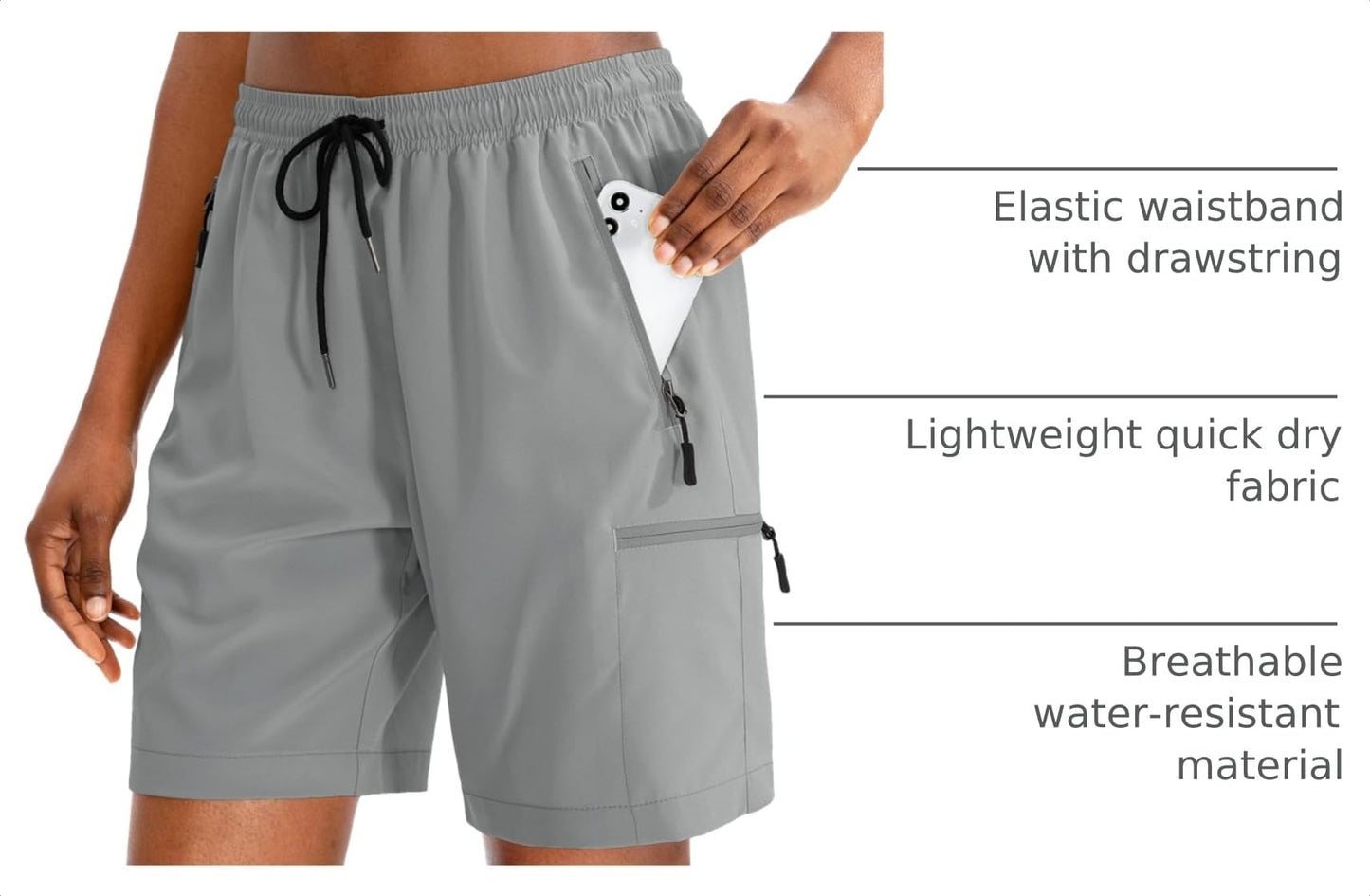 SANTINY Women's 5''/ 7''/9'' Hiking Cargo Shorts Quick Dry Lightweight Summer Shorts for Women Athletic Golf Zipper Pockets(Light Grey_M)