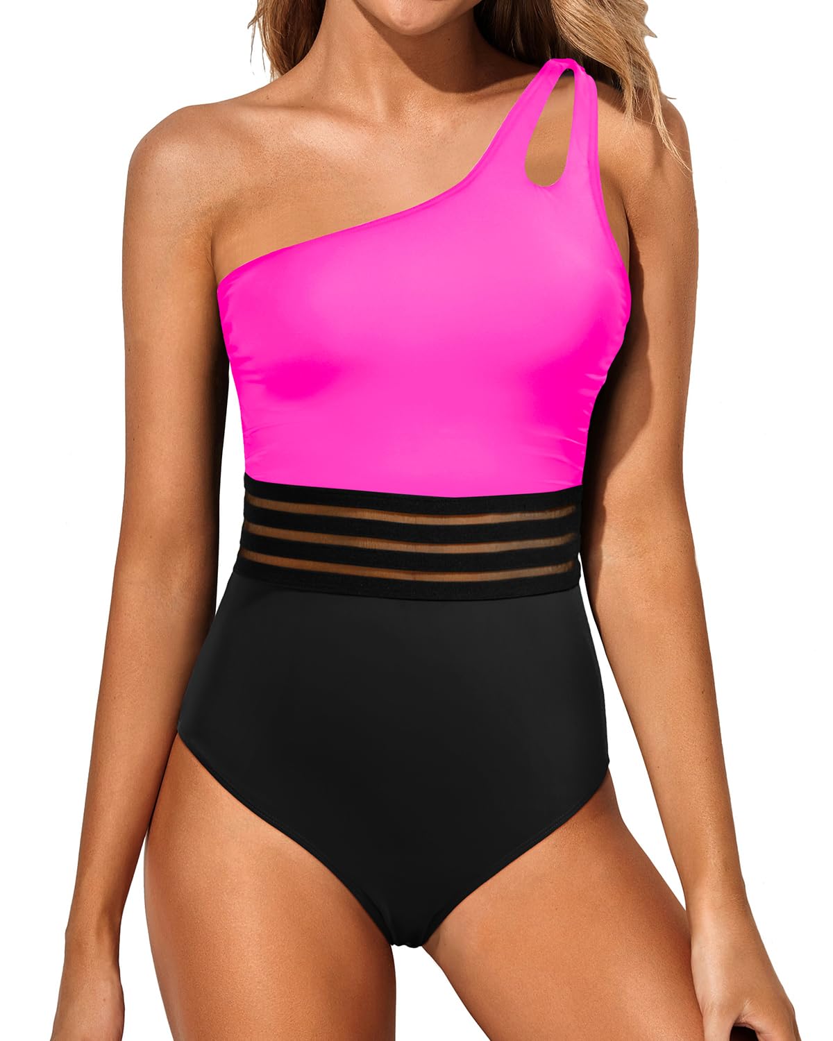 Holipick One Shoulder One Piece Swimsuit for Women Tummy Control Bathing Suits Modest Full Coverage Keyhole Swimwear