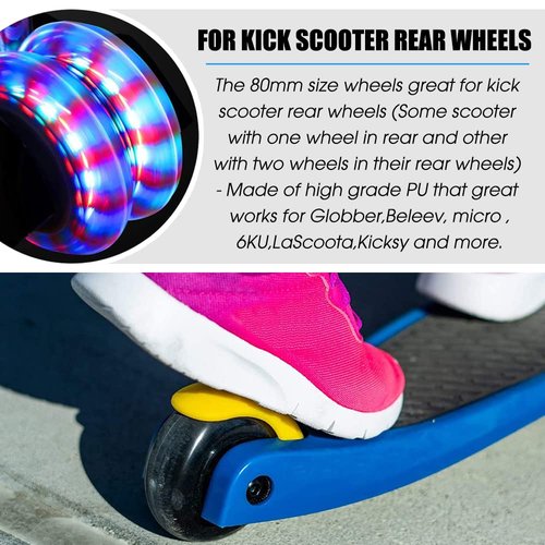 2Pcs 120mm Light Up Scooter Wheels - 2pcs Rear 80mm Light-Up Flashing 3-Wheeled kid Scooter Replacement Wheels with ABEC-9 Bearing for Kick Scooter