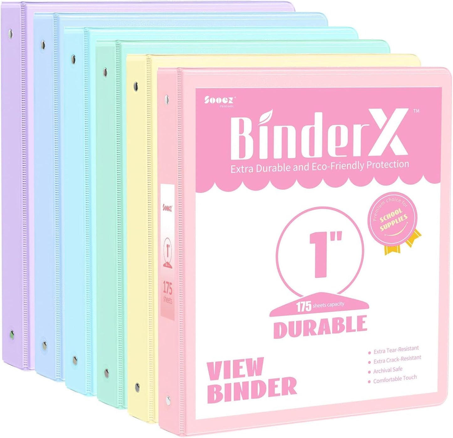 Sooez 1" Three Ring Binders - Extra Durable 6 Pack with Clear View Cover & Pockets | Pastel Colors for School & Office