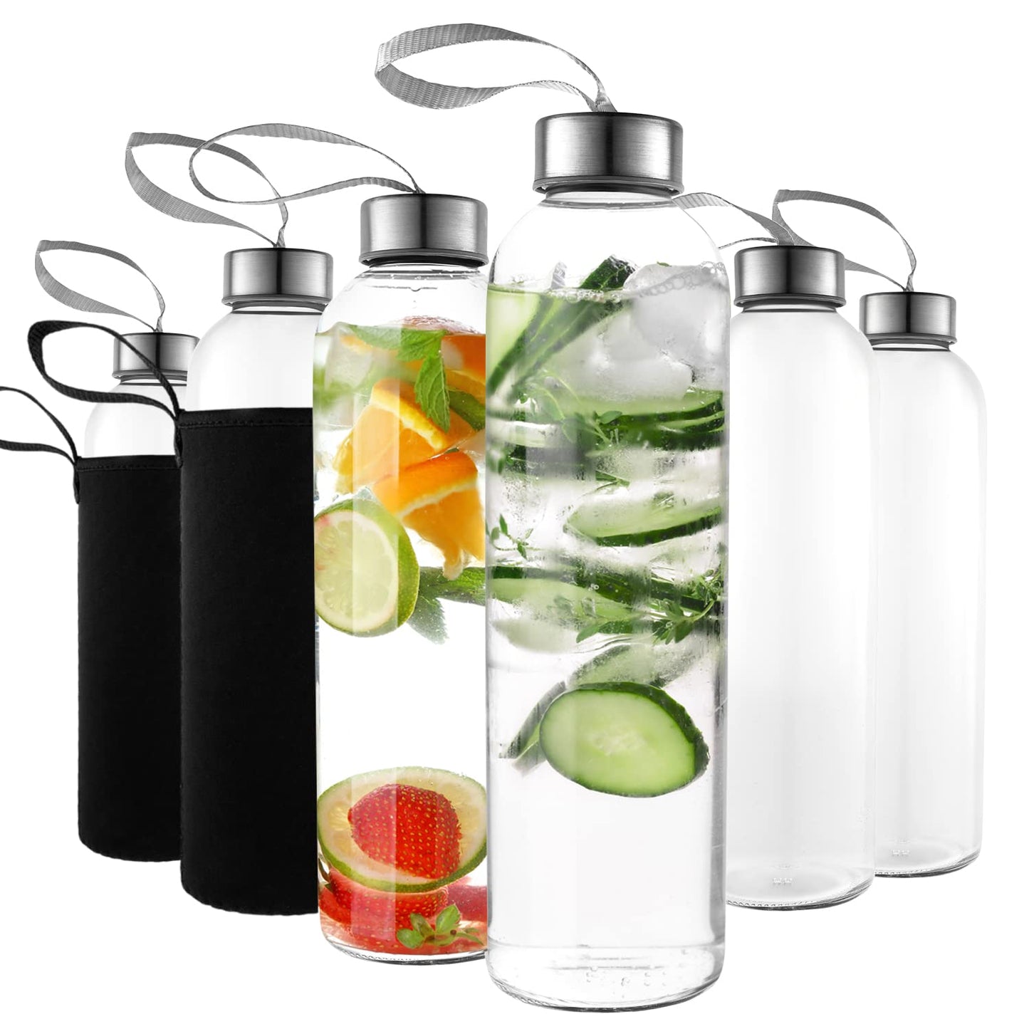 Kitchen Lux 16 Ounce Glass Water Bottles, Reusable Water Bottles with Airtight, Pack of 12, Stainless Steel Lids Carrying Strap And Nylon Water Bottle Protective Sleeves for Hot Or Cold Drinks
