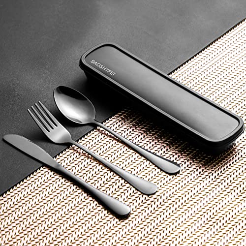 Travel Utensils Set - 4-Piece Stainless Steel Cutlery with Case - Black