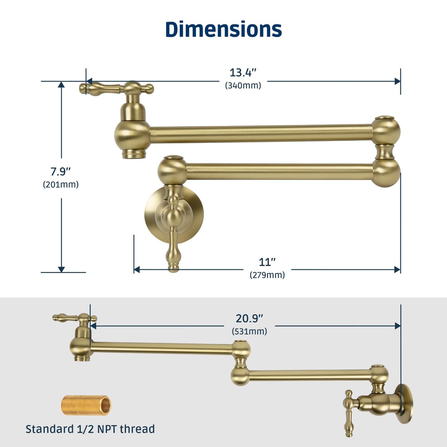 Allkorma 23" Brass Pot Filler Faucet Brushed Gold, Wall Mount Over Stove Water Faucet, Antique 2 Handles Folding Stretchable Pot Filler
