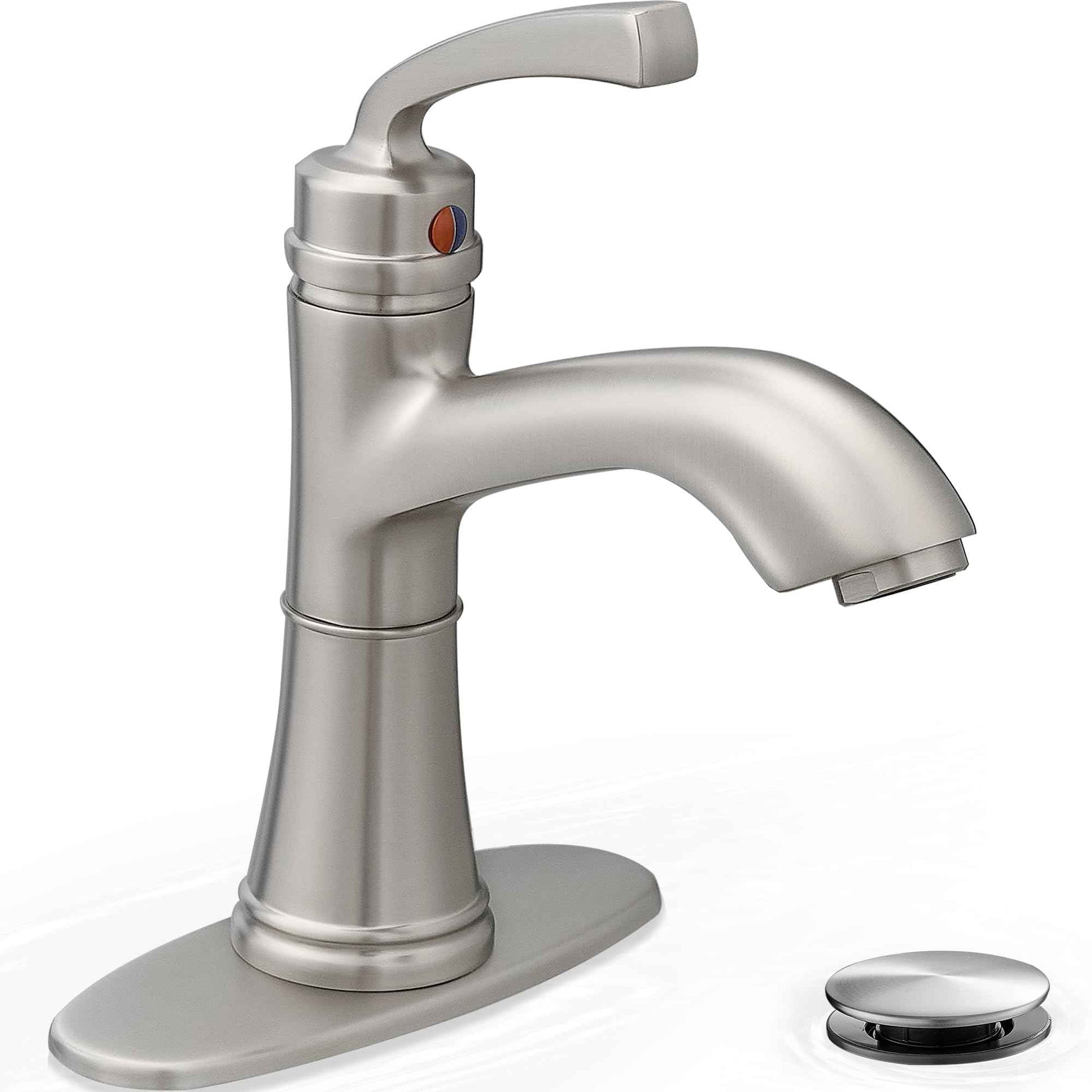 HEYMYTAP Brushed Nickel Bathroom Faucet Single Handle, Brass Bathroom Vanity Faucet 4 Inch Bathroom Sink Faucet 1 Hole or 3 Holes, Bathroom Faucets with Deck Plate & Pop-up Drain, No Noise