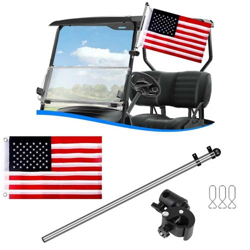 Golf Cart Flag Holder and Flag Pole Kit for Yamaha, EZGO, Club Car, Upgraded Flag Bracket for 0.59-1.18" Round/Oval/Square Rails Golf Carts, Boat, Golf Push Carts, Included USA Flag (22.8×11.4inch)