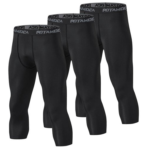 POTAMOCA 3 Pack Men's 3/4 Compression Pants, Cool Dry Workout Athletic Leggings, Running Tights Capri Yoga Football Gym Base Layer Underwear, Black Large