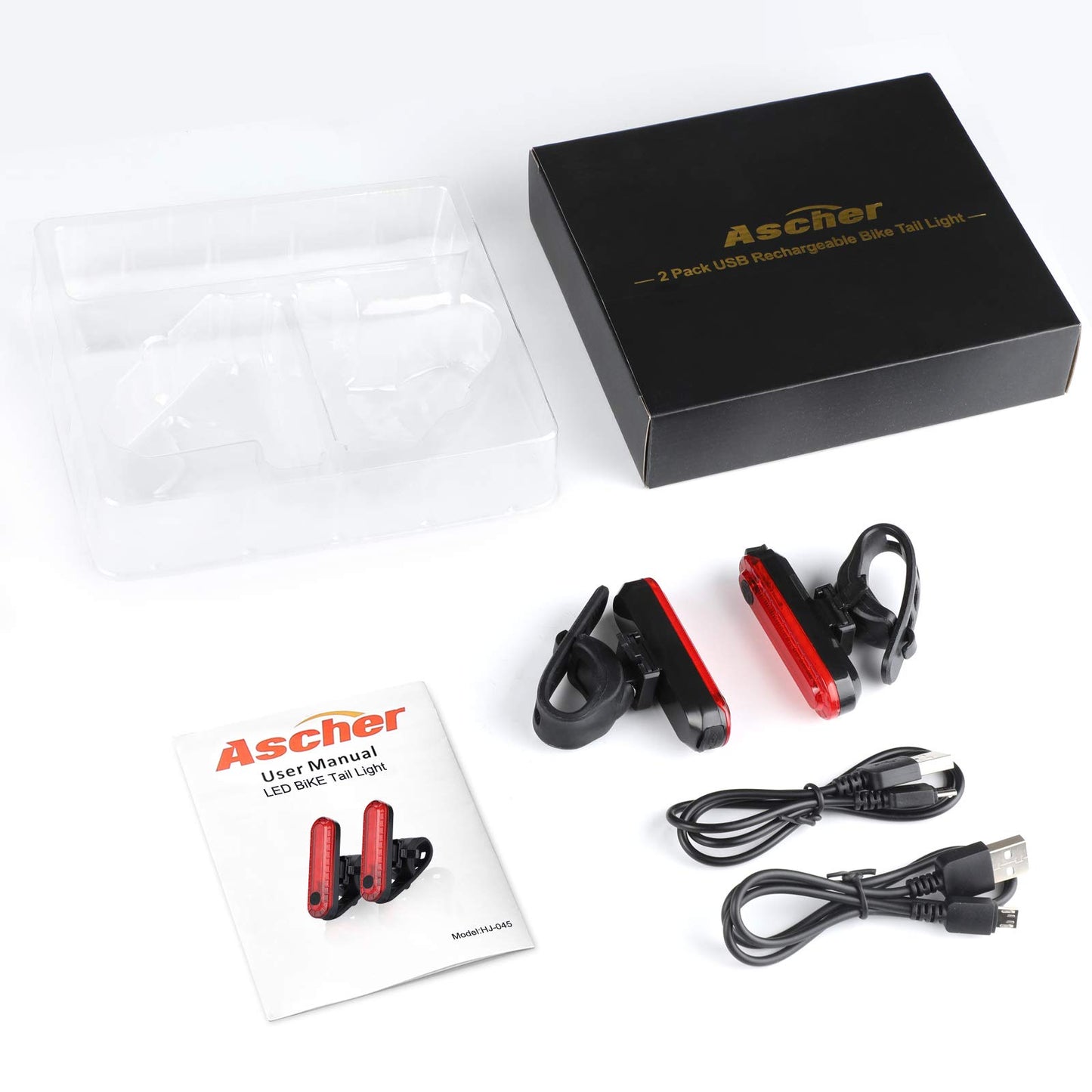Ascher USB Rechargeable LED Bike Tail Lights 2 Pack, Bright Bicycle Cycling Rear Light, 4 Light Mode Options Safety Bike Light for Adults Men Women Road Mountain(2 USB Cables Included)