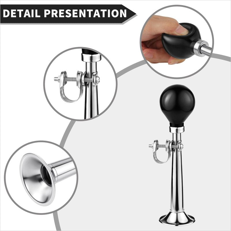 WHTCHSU Bike Horn for Adults, Classic Metal Squeeze Clown Horn, Loud Sound, Fits All Bicycle Handlebars（Silver Straight 7.87-Inch）